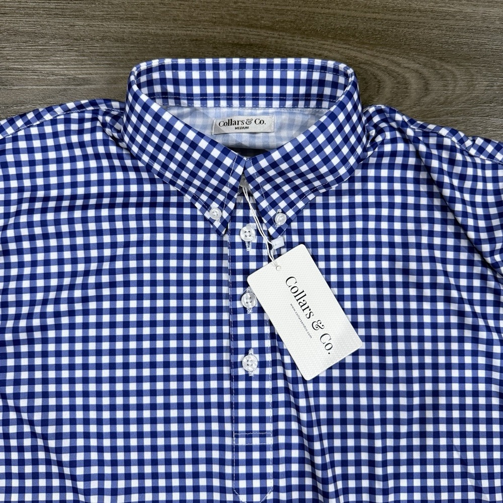 Collars & Co Polo Shirt Blue Gingham Check Polyester Business Casual Medium
